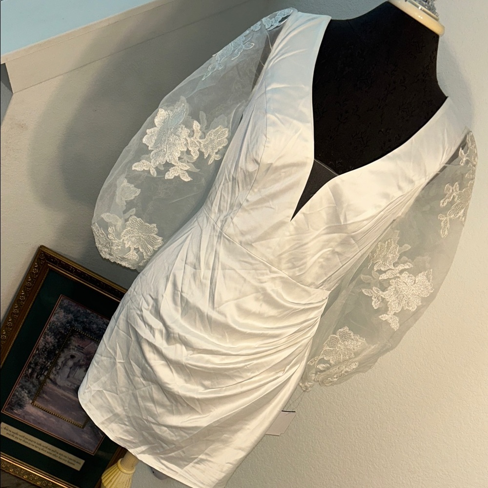 David's Bridal White Short Wedding Dress with Lace Puff Sleeves
